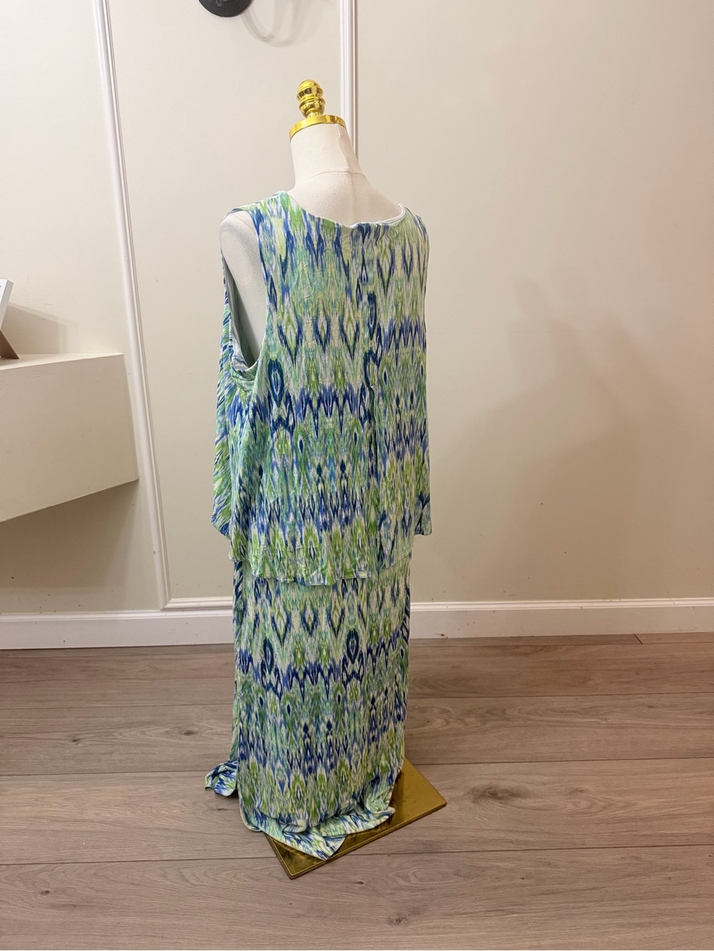 Chico's Sleeveless V-Neck Maxi Dress in Blue and Green Ikat Print - Picture 4 of 7